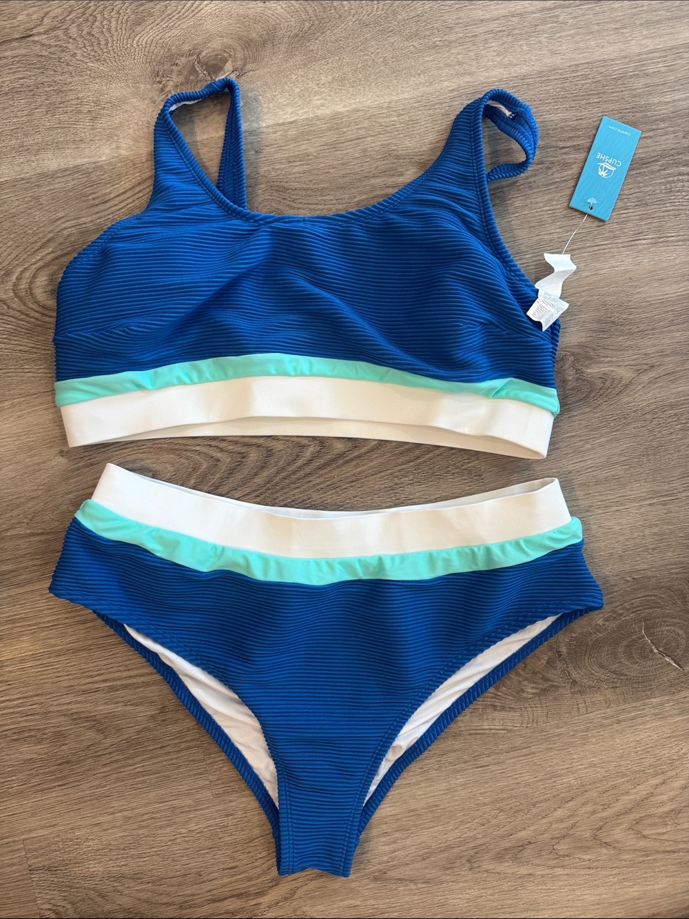 Cupshe Blue Bikini Set with Mint and White Stripes